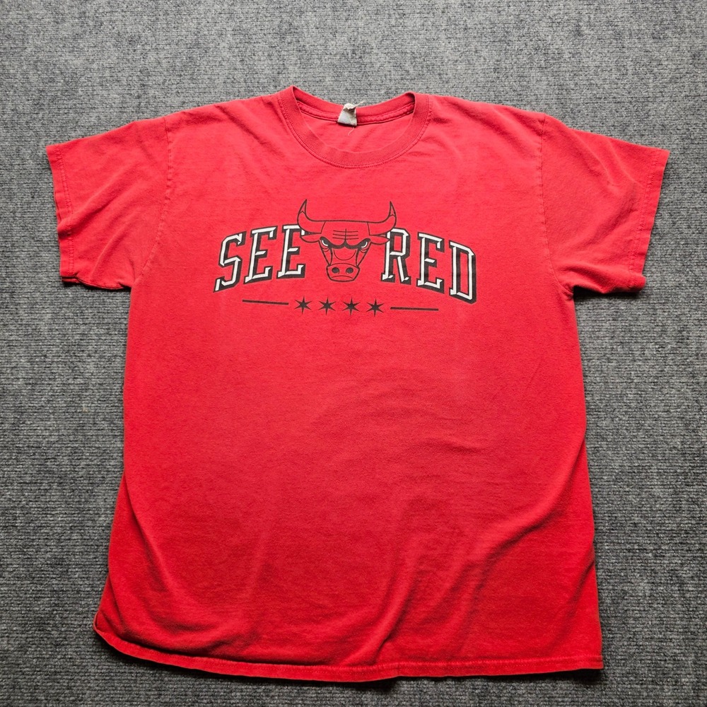 Chicago Bulls See Red T-Shirt Mens Large Red Gildan Heavy Cotton NBA Graphic Tee